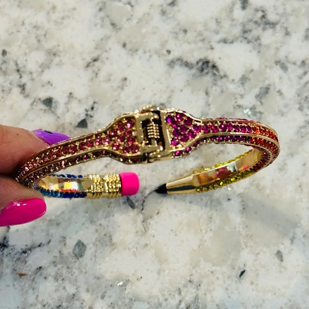 Betsey Johnson Rainbow Pave’ Pencil Cuff Bracelet Multi Color